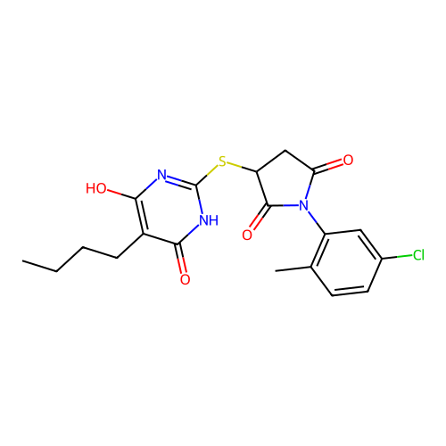 3-[(5-butyl-4,6-dihydroxypyrimidin-2-yl)sulfanyl]-1-(5-chloro-2-methylphenyl)pyrrolidine-2,5-dione structure