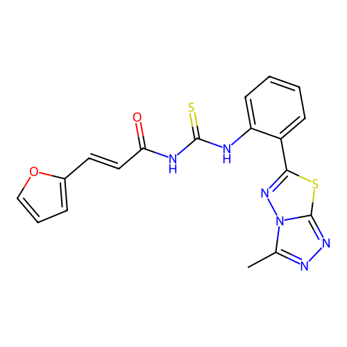 (2E)-3-(furan-2-yl)-N-{[2-(3-methyl[1,2,4]triazolo[3,4-b][1,3,4]thiadiazol-6-yl)phenyl]carbamothioyl}prop-2-enamide structure