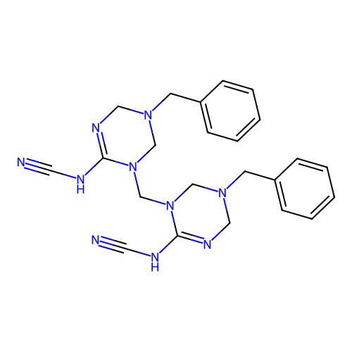 [methanediylbis(5-benzyl-5,6-dihydro-1,3,5-triazine-1,2(4H)-diyl)]dicyanamide structure