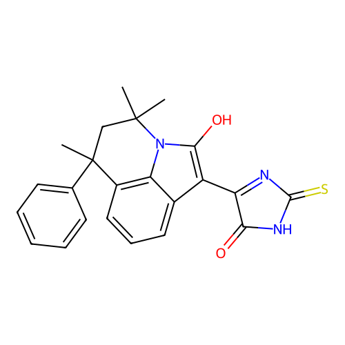 (1Z)-4,4,6-trimethyl-1-(5-oxo-2-thioxoimidazolidin-4-ylidene)-6-phenyl-5,6-dihydro-4H-pyrrolo[3,2,1-ij]quinolin-2(1H)-one structure