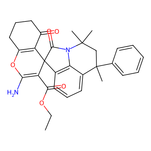 ethyl 2-amino-4',4',6'-trimethyl-2',5-dioxo-6'-phenyl-5,5',6,6',7,8-hexahydro-4'H-spiro[chromene-4,1'-pyrrolo[3,2,1-ij]quinoline]-3-carboxylate structure