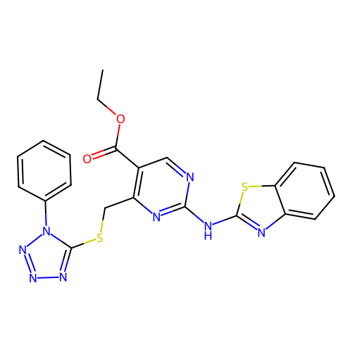 ethyl 2-(1,3-benzothiazol-2-ylamino)-4-{[(1-phenyl-1H-tetrazol-5-yl)sulfanyl]methyl}pyrimidine-5-carboxylate structure