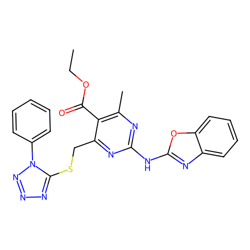 ethyl 2-(1,3-benzoxazol-2-ylamino)-4-methyl-6-{[(1-phenyl-1H-tetrazol-5-yl)sulfanyl]methyl}pyrimidine-5-carboxylate structure