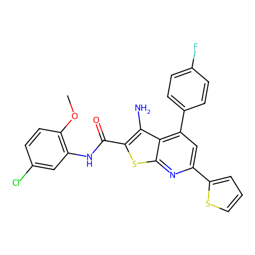 3-amino-N-(5-chloro-2-methoxyphenyl)-4-(4-fluorophenyl)-6-(thiophen-2-yl)thieno[2,3-b]pyridine-2-carboxamide structure