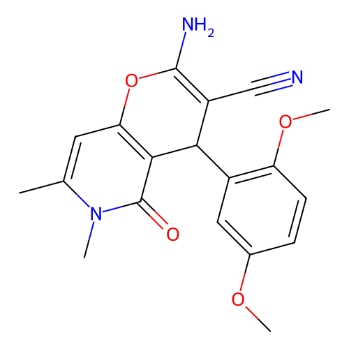 2-amino-4-(2,5-dimethoxyphenyl)-6,7-dimethyl-5-oxo-5,6-dihydro-4H-pyrano[3,2-c]pyridine-3-carbonitrile structure