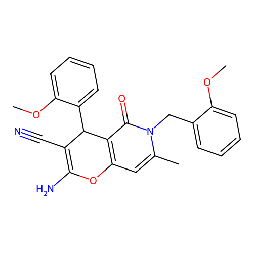 2-amino-6-(2-methoxybenzyl)-4-(2-methoxyphenyl)-7-methyl-5-oxo-5,6-dihydro-4H-pyrano[3,2-c]pyridine-3-carbonitrile structure