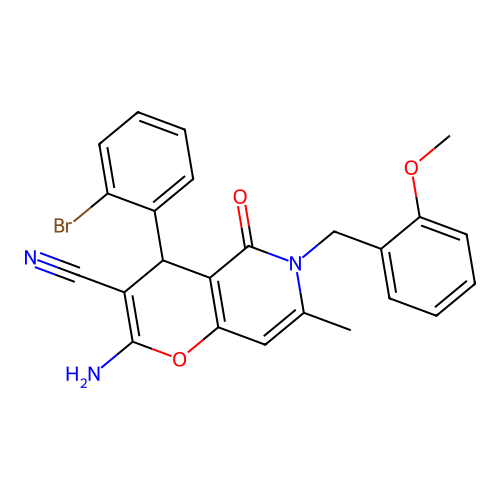 2-amino-4-(2-bromophenyl)-6-(2-methoxybenzyl)-7-methyl-5-oxo-5,6-dihydro-4H-pyrano[3,2-c]pyridine-3-carbonitrile structure
