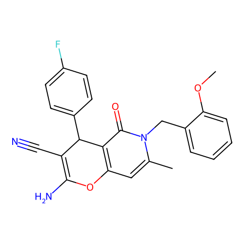 2-amino-4-(4-fluorophenyl)-6-(2-methoxybenzyl)-7-methyl-5-oxo-5,6-dihydro-4H-pyrano[3,2-c]pyridine-3-carbonitrile structure