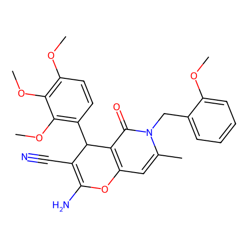 2-amino-6-(2-methoxybenzyl)-7-methyl-5-oxo-4-(2,3,4-trimethoxyphenyl)-5,6-dihydro-4H-pyrano[3,2-c]pyridine-3-carbonitrile structure