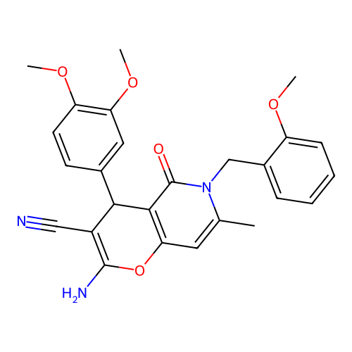 2-amino-4-(3,4-dimethoxyphenyl)-6-(2-methoxybenzyl)-7-methyl-5-oxo-5,6-dihydro-4H-pyrano[3,2-c]pyridine-3-carbonitrile structure