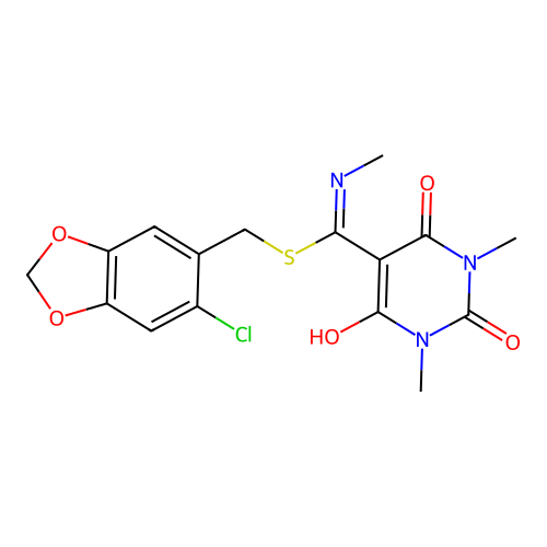 5-[{[(6-chloro-1,3-benzodioxol-5-yl)methyl]sulfanyl}(methylamino)methylidene]-1,3-dimethylpyrimidine-2,4,6(1H,3H,5H)-trione structure