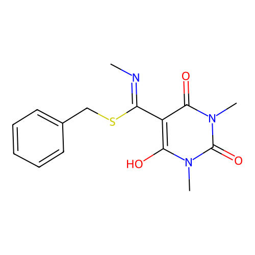 5-[(benzylsulfanyl)(methylamino)methylidene]-1,3-dimethylpyrimidine-2,4,6(1H,3H,5H)-trione structure