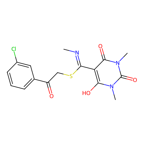 5-[{[2-(3-chlorophenyl)-2-oxoethyl]sulfanyl}(methylamino)methylidene]-1,3-dimethylpyrimidine-2,4,6(1H,3H,5H)-trione structure