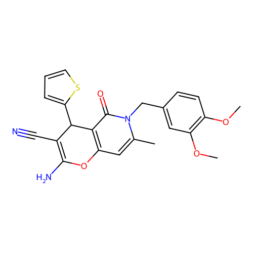2-amino-6-(3,4-dimethoxybenzyl)-7-methyl-5-oxo-4-(thiophen-2-yl)-5,6-dihydro-4H-pyrano[3,2-c]pyridine-3-carbonitrile structure