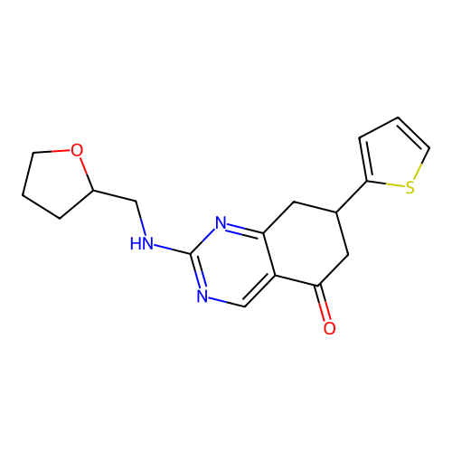 2-[(tetrahydrofuran-2-ylmethyl)amino]-7-(thiophen-2-yl)-7,8-dihydroquinazolin-5(6H)-one structure