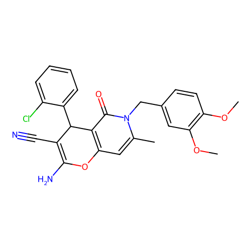 2-amino-4-(2-chlorophenyl)-6-(3,4-dimethoxybenzyl)-7-methyl-5-oxo-5,6-dihydro-4H-pyrano[3,2-c]pyridine-3-carbonitrile structure