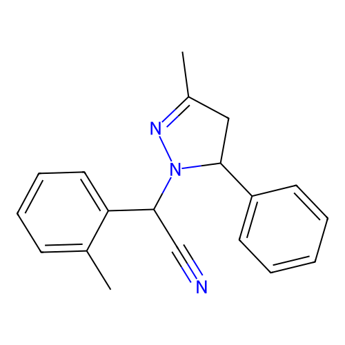 (2-methylphenyl)(3-methyl-5-phenyl-4,5-dihydro-1H-pyrazol-1-yl)acetonitrile structure