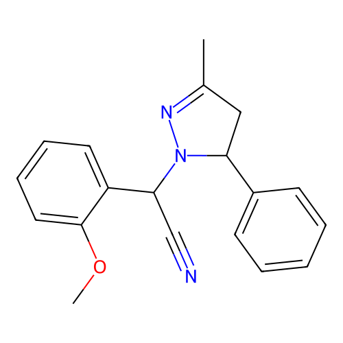 (2-methoxyphenyl)(3-methyl-5-phenyl-4,5-dihydro-1H-pyrazol-1-yl)acetonitrile structure