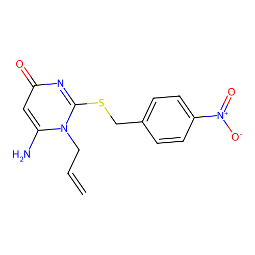 6-Amino-2-[(4-nitrophenyl)methylsulfanyl]-1-prop-2-enylpyrimidin-4-one structure