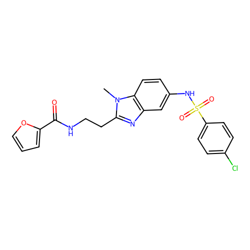 N-(2-(5-(4-chlorophenylsulfonamido)-1-methyl-1H-benzo[d]imidazol-2-yl)ethyl)furan-2-carboxamide structure
