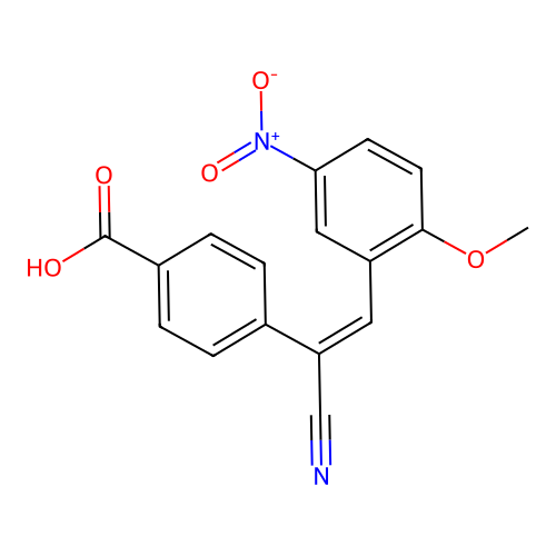 4-[(E)-1-cyano-2-(2-methoxy-5-nitrophenyl)ethenyl]benzoic acid structure