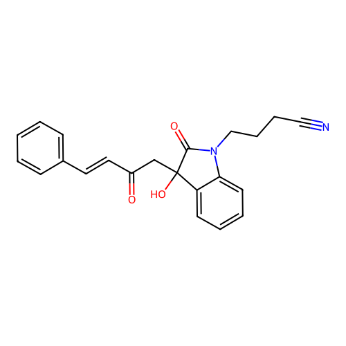 4-[3-hydroxy-2-oxo-3-[(E)-2-oxo-4-phenylbut-3-enyl]indol-1-yl]butanenitrile structure