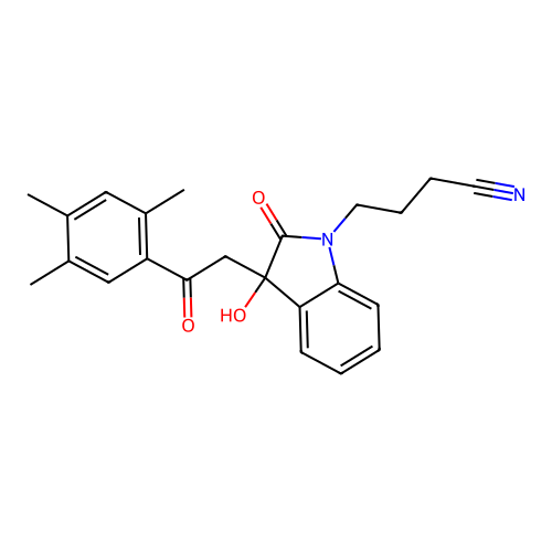 4-[3-hydroxy-2-oxo-3-[2-oxo-2-(2,4,5-trimethylphenyl)ethyl]indol-1-yl]butanenitrile structure