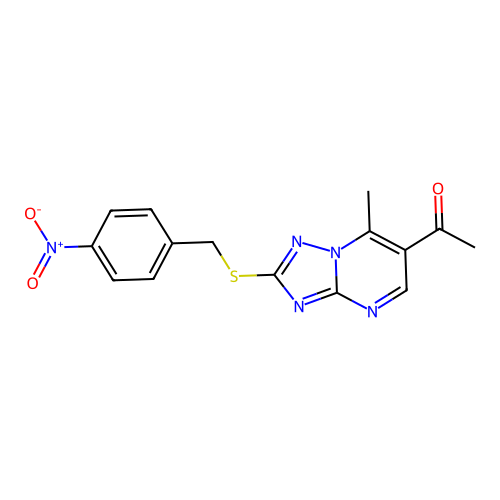 1-(7-methyl-2-((4-nitrobenzyl)thio)-[1,2,4]triazolo[1,5-a]pyrimidin-6-yl)ethanone structure
