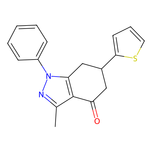 3-methyl-1-phenyl-6-(thiophen-2-yl)-1,5,6,7-tetrahydro-4H-indazol-4-one structure