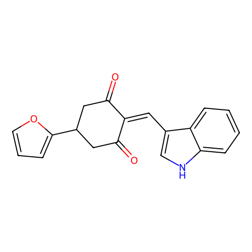 5-(furan-2-yl)-2-(1H-indol-3-ylmethylidene)cyclohexane-1,3-dione structure