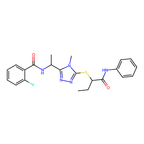 2-fluoro-N-[1-(4-methyl-5-{[1-oxo-1-(phenylamino)butan-2-yl]sulfanyl}-4H-1,2,4-triazol-3-yl)ethyl]benzamide structure