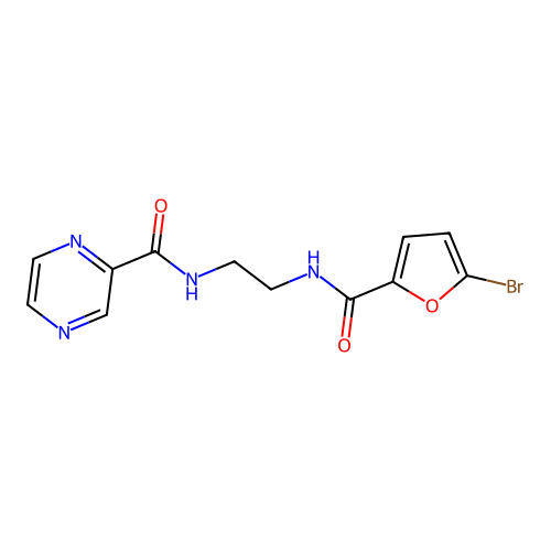 N-(2-(5-bromofuran-2-carboxamido)ethyl)pyrazine-2-carboxamide structure