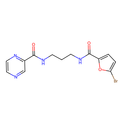 N-(3-(5-bromofuran-2-carboxamido)propyl)pyrazine-2-carboxamide structure