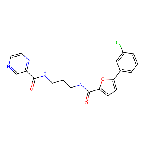 N-(3-(5-(3-chlorophenyl)furan-2-carboxamido)propyl)pyrazine-2-carboxamide structure