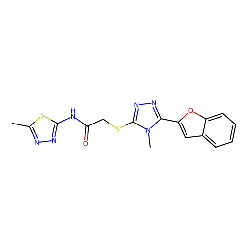 2-((5-(benzofuran-2-yl)-4-methyl-4H-1,2,4-triazol-3-yl)thio)-N-(5-methyl-1,3,4-thiadiazol-2-yl)acetamide structure