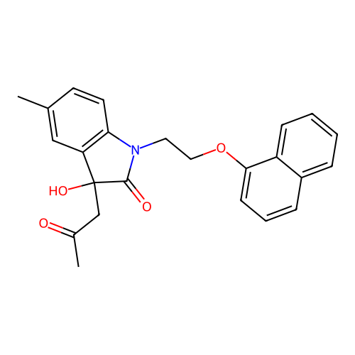 3-Hydroxy-5-methyl-1-(2-(naphthalen-1-yloxy)ethyl)-3-(2-oxopropyl)indolin-2-one structure
