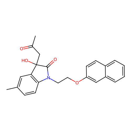 3-Hydroxy-5-methyl-1-(2-(naphthalen-2-yloxy)ethyl)-3-(2-oxopropyl)indolin-2-one structure