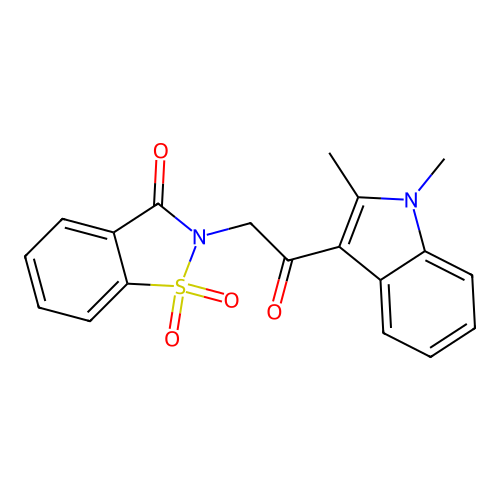 2-[2-(1,2-Dimethylindol-3-yl)-2-oxoethyl]-1,1-dioxo-1,2-benzothiazol-3-one structure