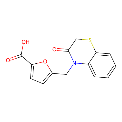 5-((3-oxo-2H-benzo[b][1,4]thiazin-4(3H)-yl)methyl)furan-2-carboxylic acid structure