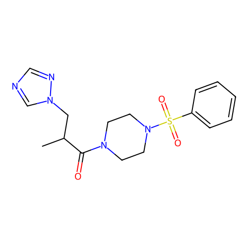 1-[2-methyl-3-(1H-1,2,4-triazol-1-yl)propanoyl]-4-(phenylsulfonyl)piperazine structure