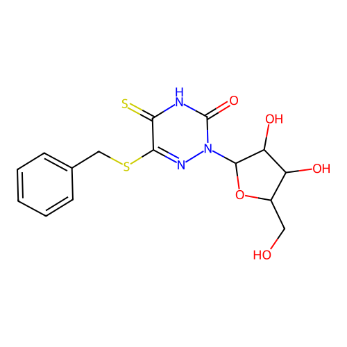 6-benzylsulfanyl-2-[3,4-dihydroxy-5-(hydroxymethyl)oxolan-2-yl]-5-sulfanylidene-1,2,4-triazin-3-one structure