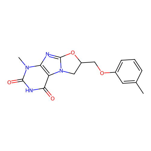 1-Methyl-7-m-tolyloxymethyl-6,7-dihydro-1H-oxazolo[2,3-f]purine-2,4-dione structure