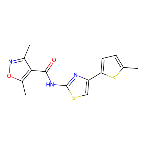 3,5-dimethyl-N-[4-(5-methylthiophen-2-yl)-1,3-thiazol-2-yl]-1,2-oxazole-4-carboxamide structure