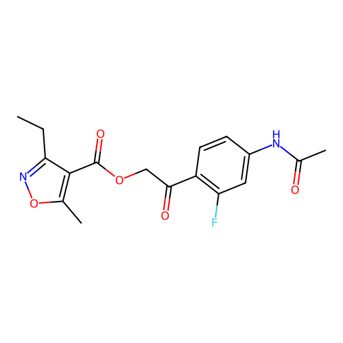 [2-(4-acetamido-2-fluorophenyl)-2-oxoethyl] 3-ethyl-5-methyl-1,2-oxazole-4-carboxylate structure