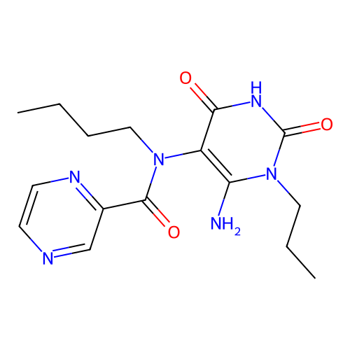 N-(6-amino-2,4-dioxo-1-propylpyrimidin-5-yl)-N-butylpyrazine-2-carboxamide structure