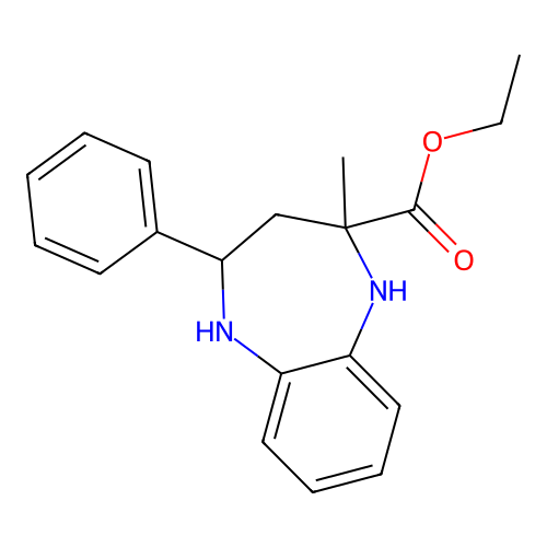 Ethyl 2,3,4,5,-tetrahydro-2-methyl-4-phenyl-1H-1,5-benzodiazepine-2-carboxylate structure