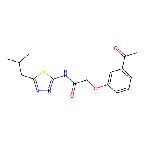 2-(3-acetylphenoxy)-N-[5-(2-methylpropyl)-1,3,4-thiadiazol-2-yl]acetamide structure