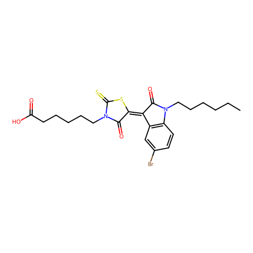 6-[(5Z)-5-(5-bromo-1-hexyl-2-oxo-1,2-dihydro-3H-indol-3-ylidene)-4-oxo-2-thioxo-1,3-thiazolidin-3-yl]hexanoic acid structure