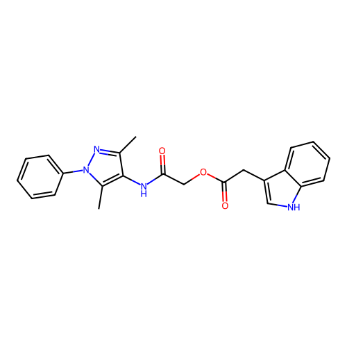 [(3,5-dimethyl-1-phenyl-1H-pyrazol-4-yl)carbamoyl]methyl 2-(1H-indol-3-yl)acetate structure