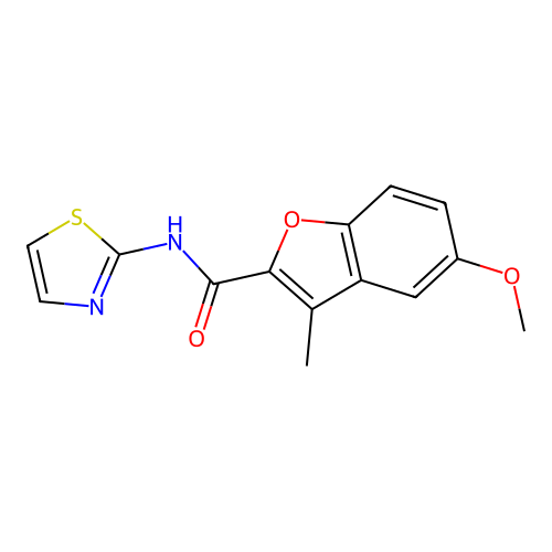 5-methoxy-3-methyl-N-(1,3-thiazol-2-yl)-1-benzofuran-2-carboxamide structure